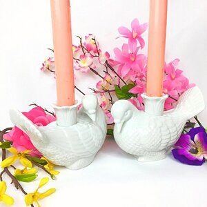 Vintage Takahashi Japan White Porcelain Dove Bird Candle Holders Set of 2
